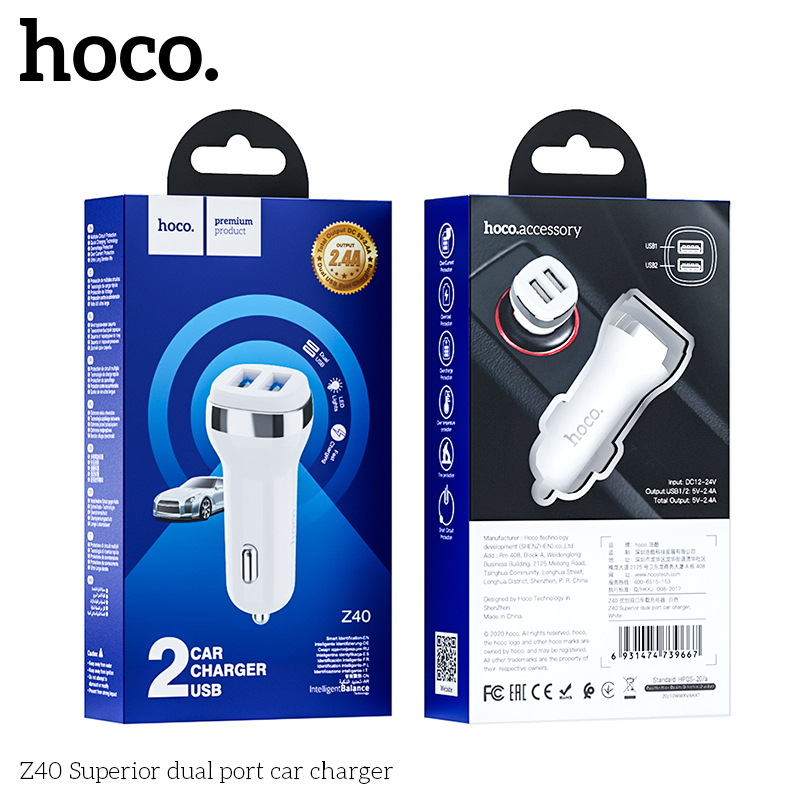 Cốc sạc nhanh cho ô tô Hoco Z40, 2 cổng USB, công suất tối đa 12W